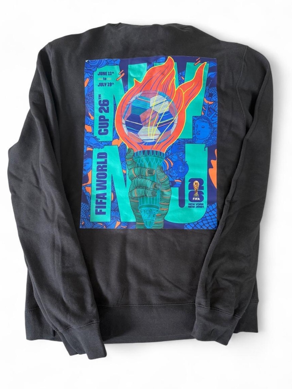 Black Crewneck Sweatshirt with Vibrant FIFA Graphic NY/NJ